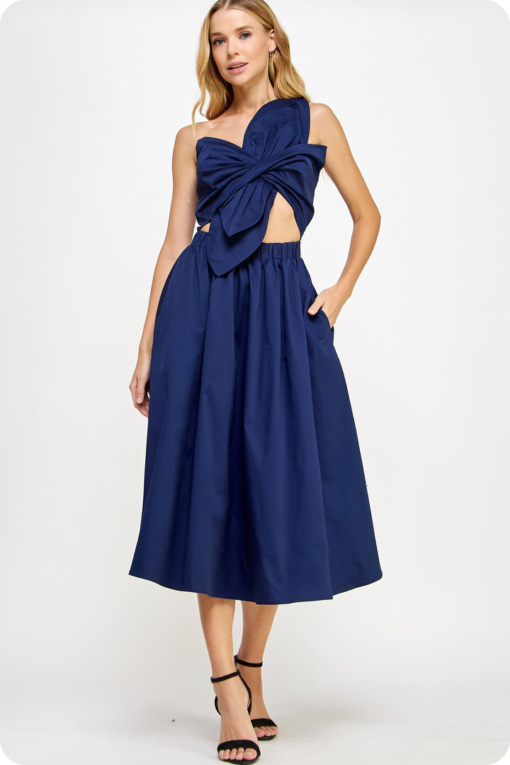 Knotted Flower Bow Midi Dress in Navy