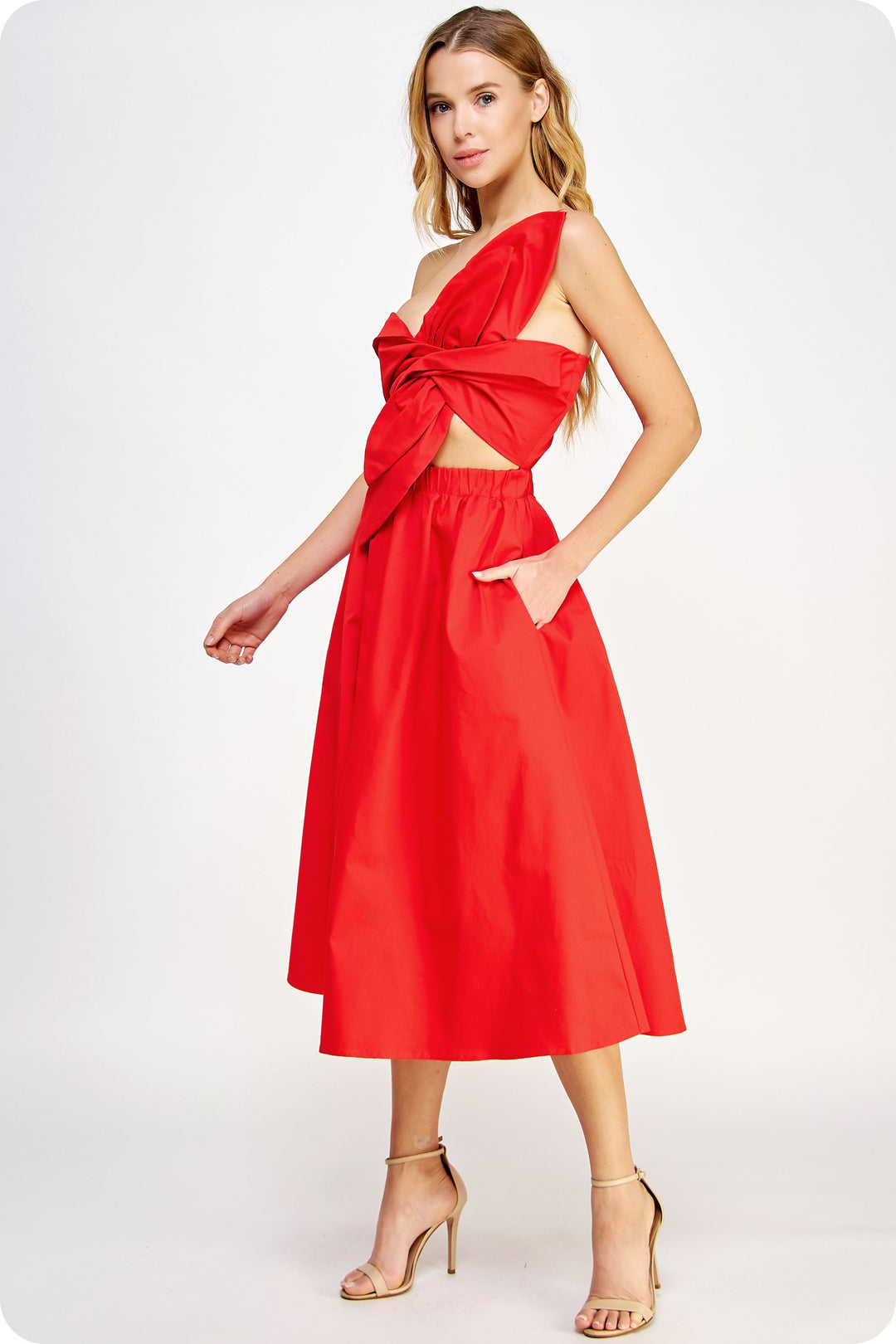 Knotted Flower Bow Midi Dress in Cherry Red