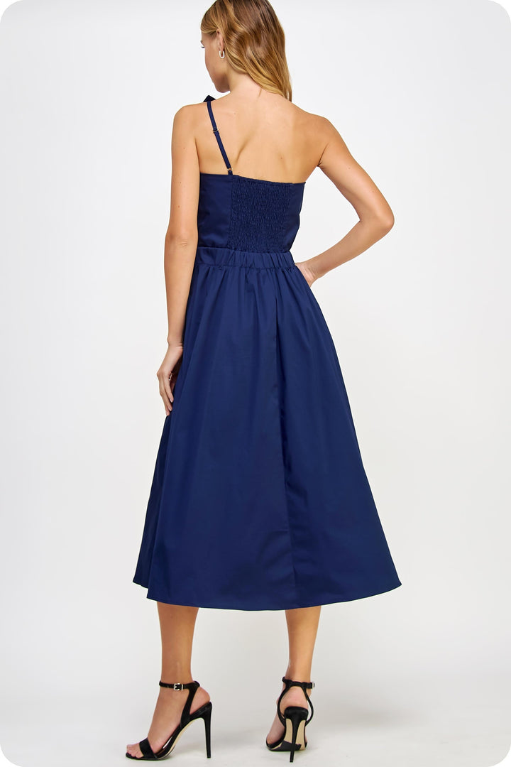 Knotted Flower Bow Midi Dress in Navy