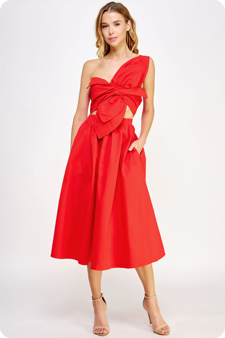Knotted Flower Bow Midi Dress in Cherry Red