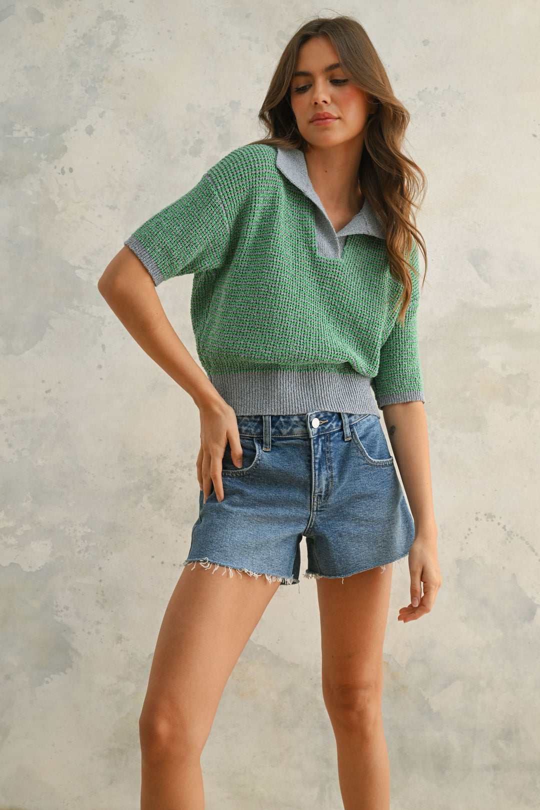 Multi Color Collared Knitted Sweater Top