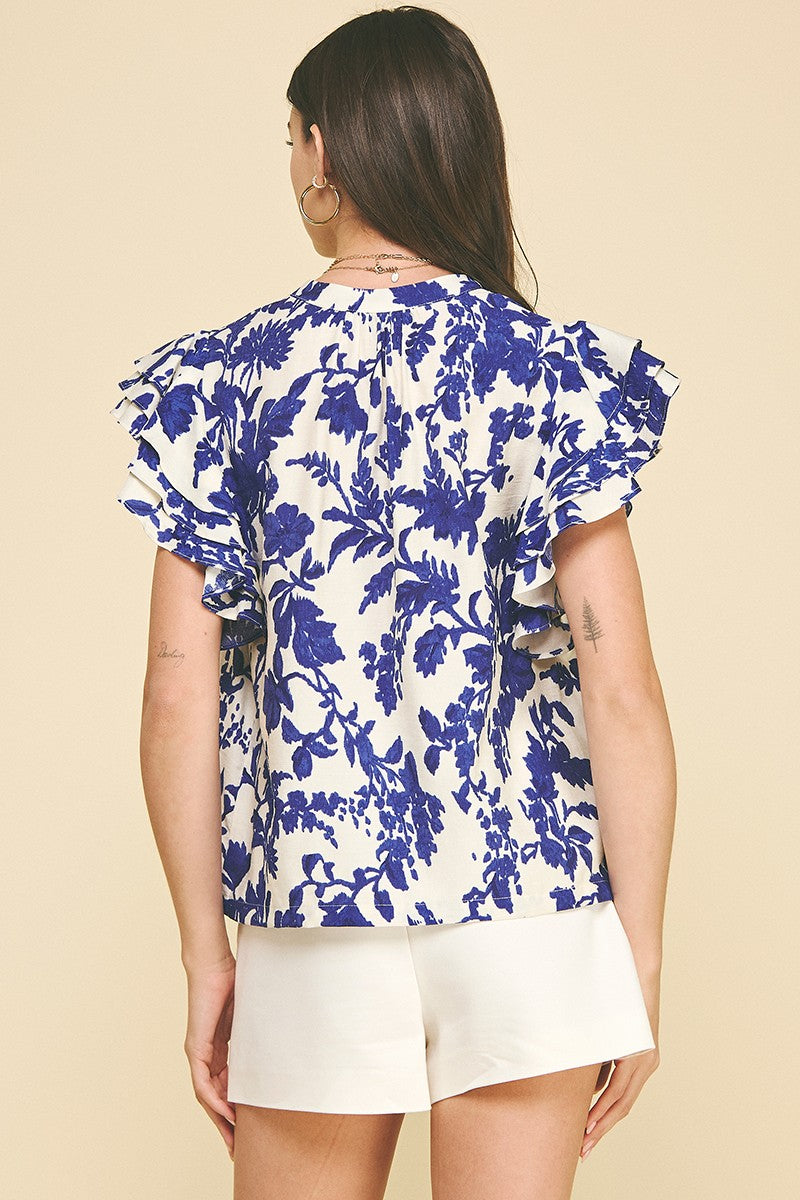 Blue Floral Printed Cream Top