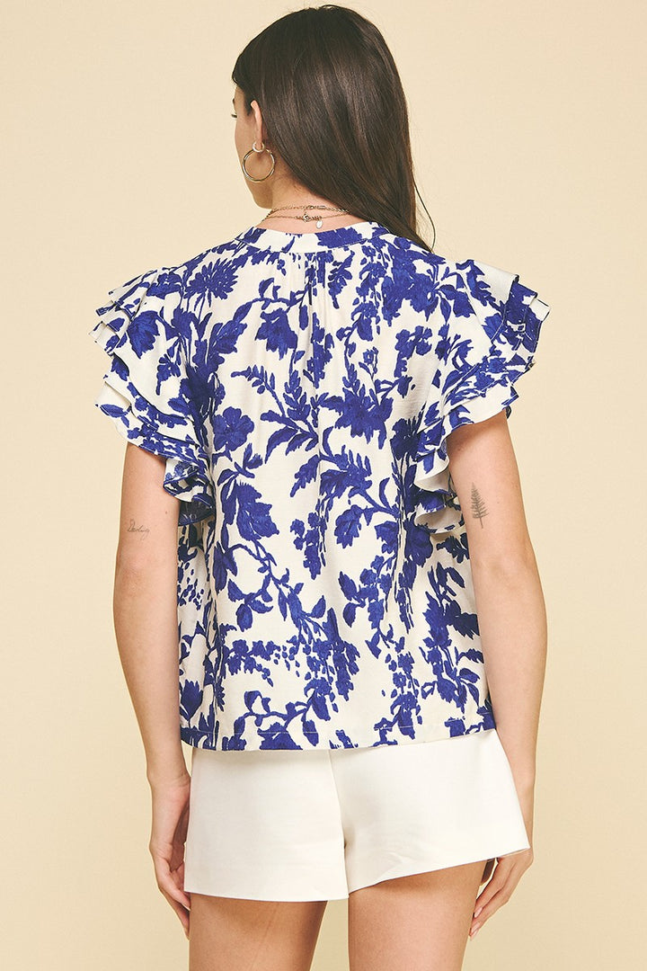 Blue Floral Printed Cream Top