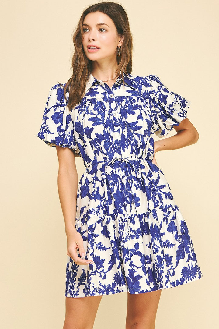 Blue Floral Printed Button Down Mini Dress