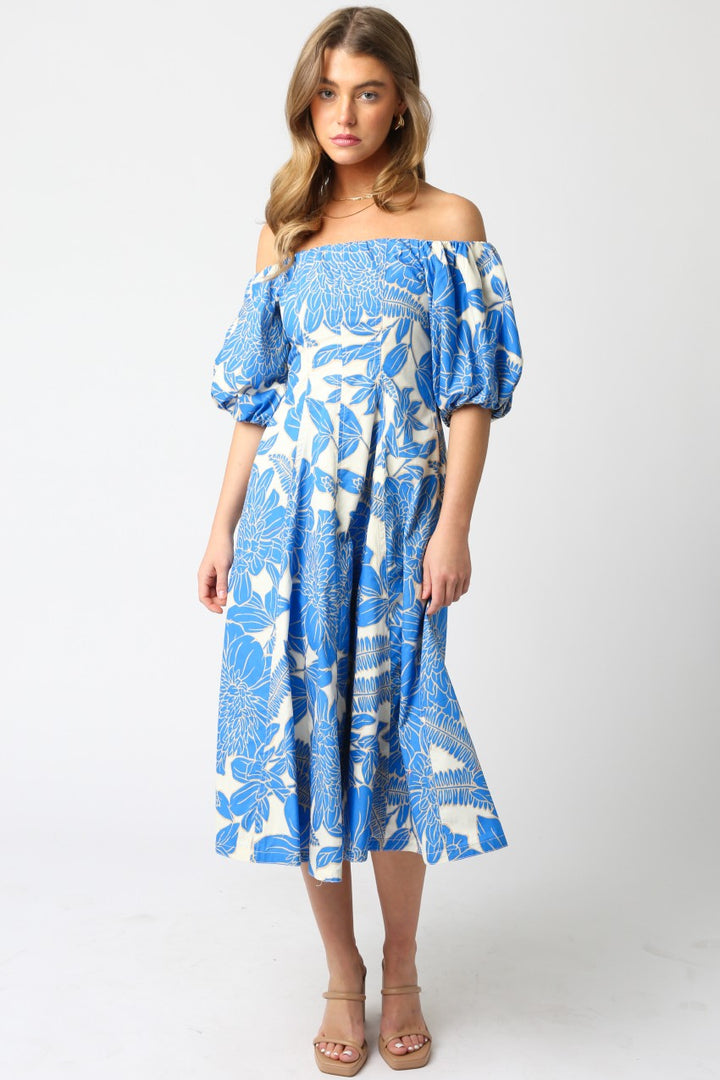 Selina Floral Balloon Dress in White Blue