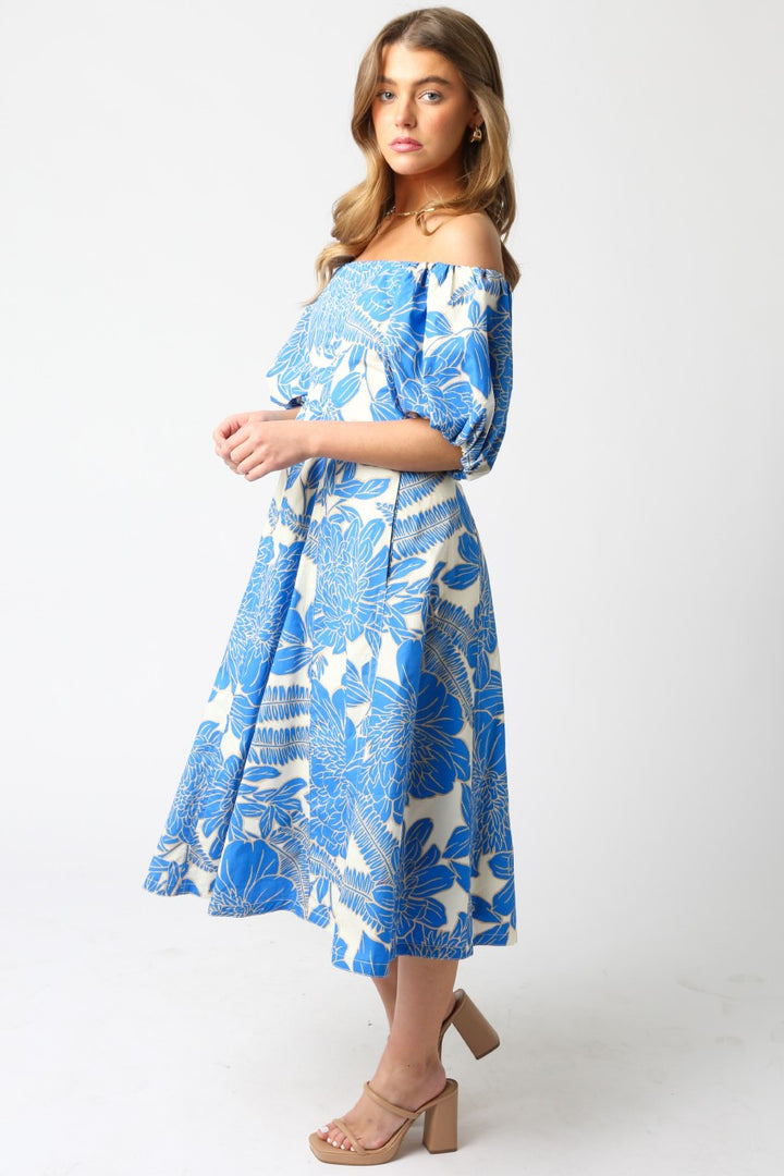 Selina Floral Balloon Dress in White Blue