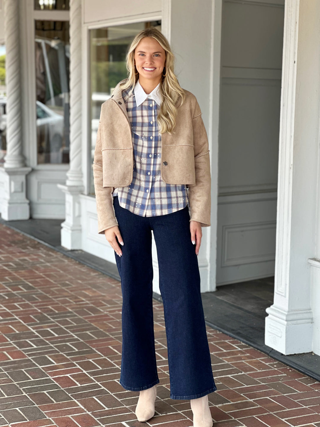 Sherpa Lined Box Cut Button Up Coat in Taupe