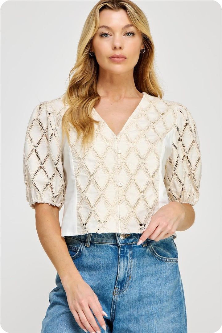 Crochet Linen Patchwork Button Down Blouse in Ivory