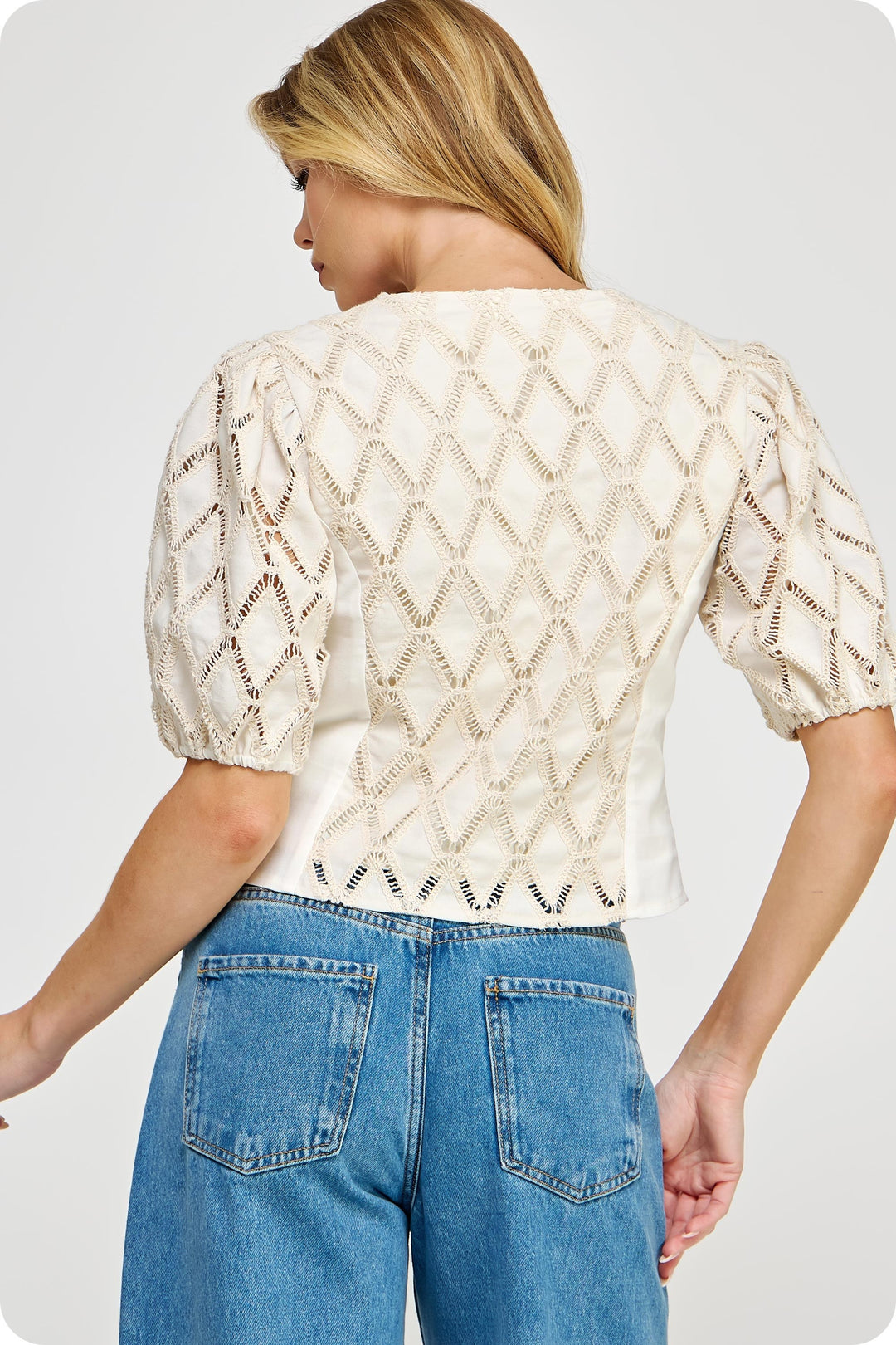 Crochet Linen Patchwork Button Down Blouse in Ivory