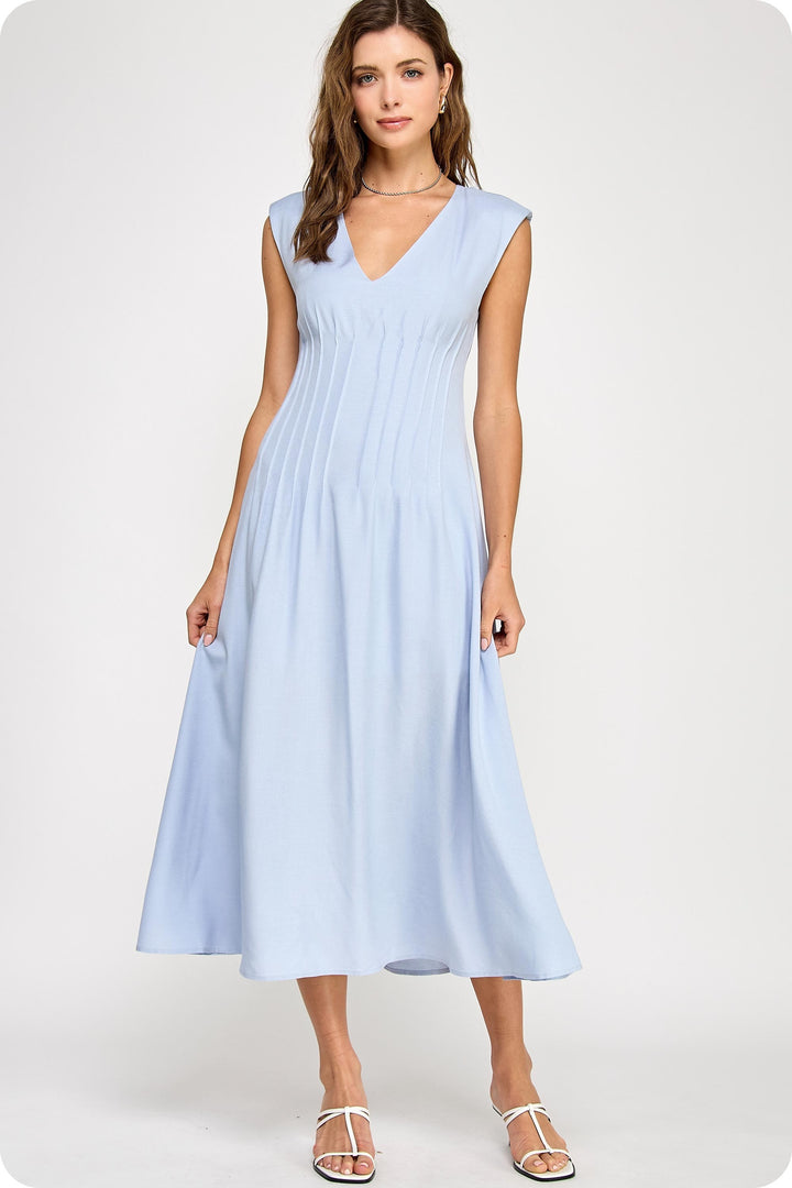 Class Act Pintuck Maxi Dress in Chambray
