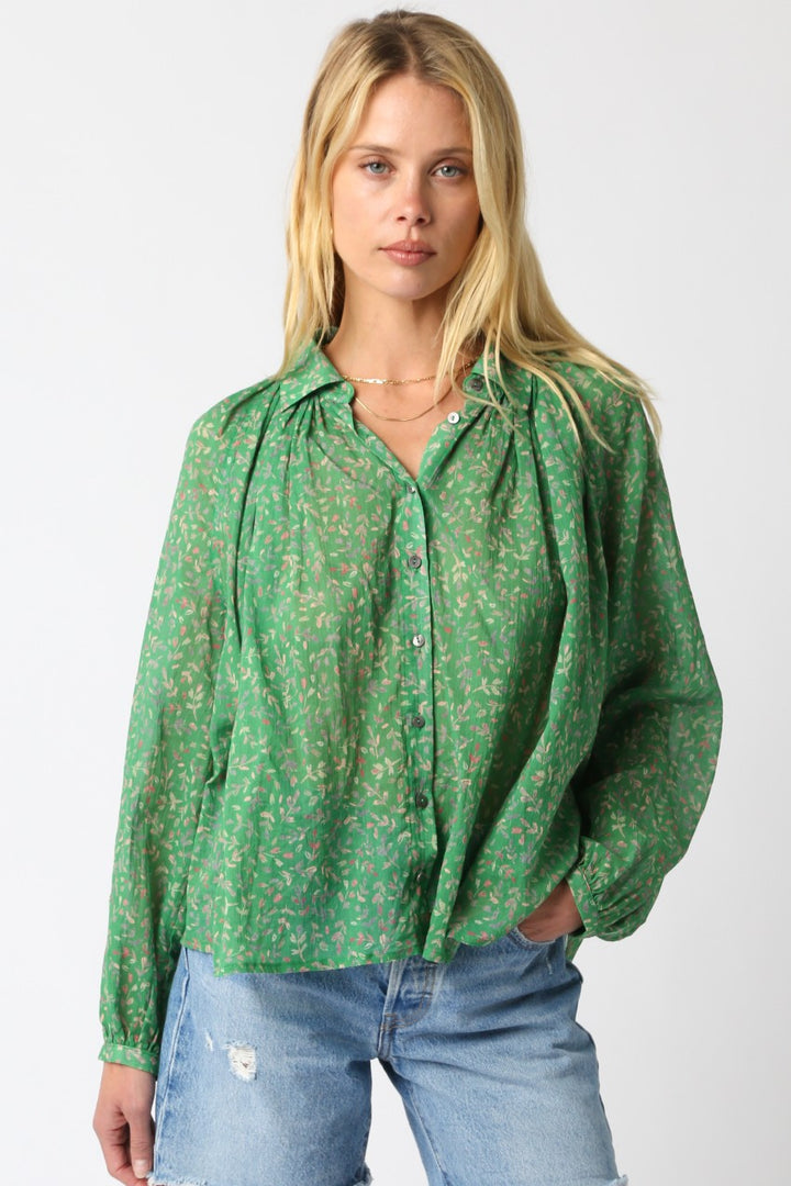 Garden Floral Button Down Top in Green
