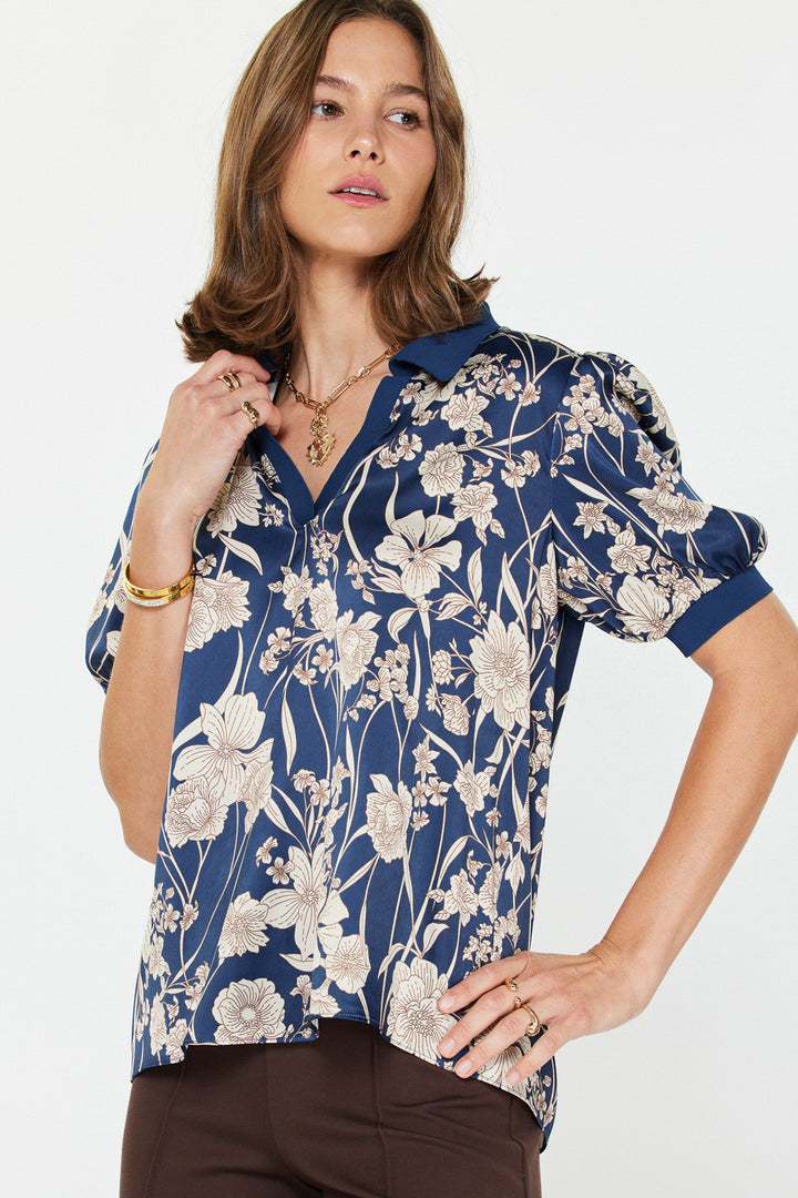 Floral Printed Short Sleeve Navy Top