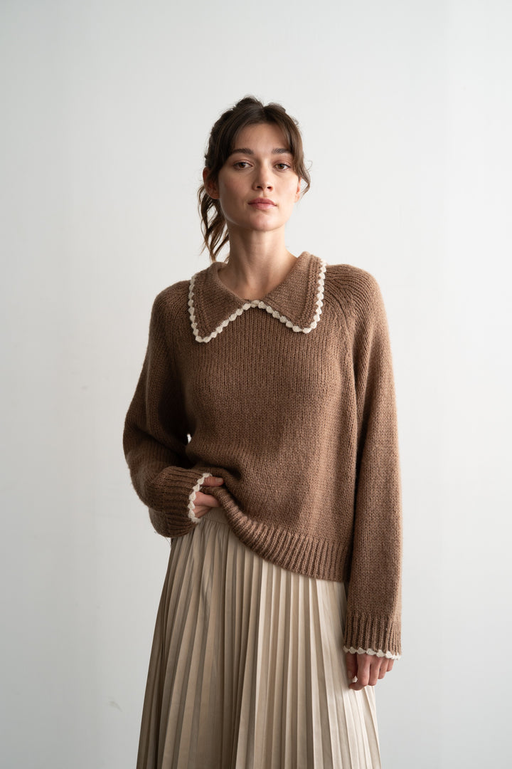 Walnut Brown Scalloped Collared Sweater