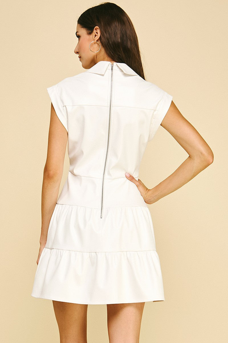 Leather Twist Detail Off- White Mini Dress
