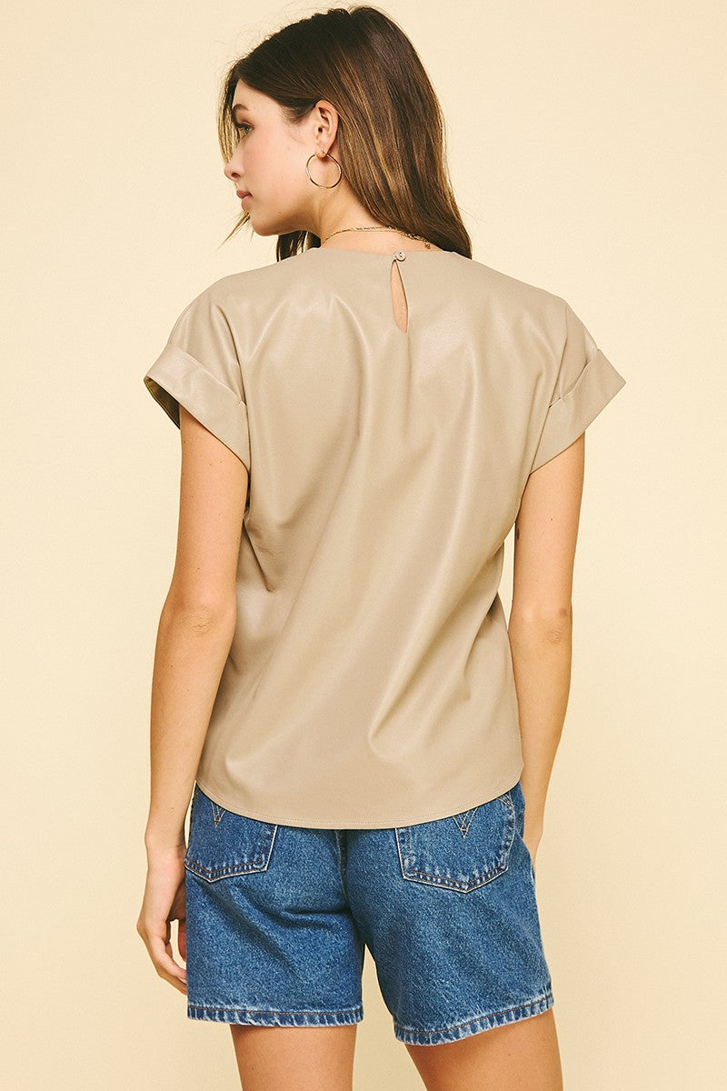Taupe Leather Cap Sleeve Top