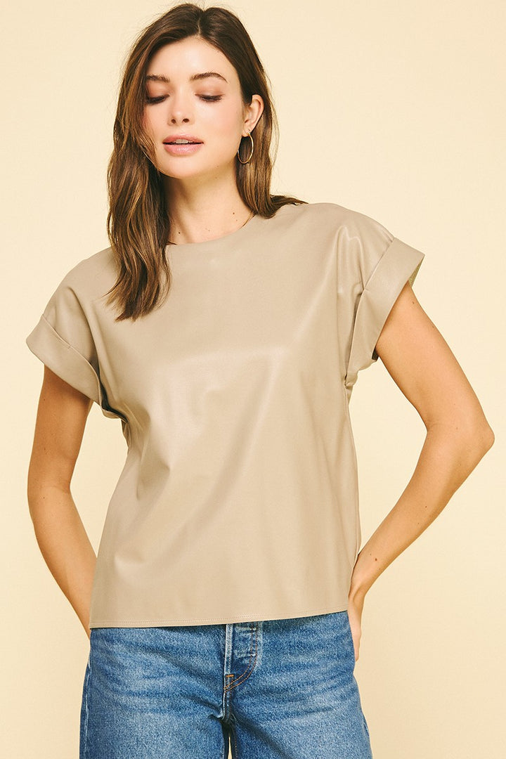 Taupe Leather Cap Sleeve Top
