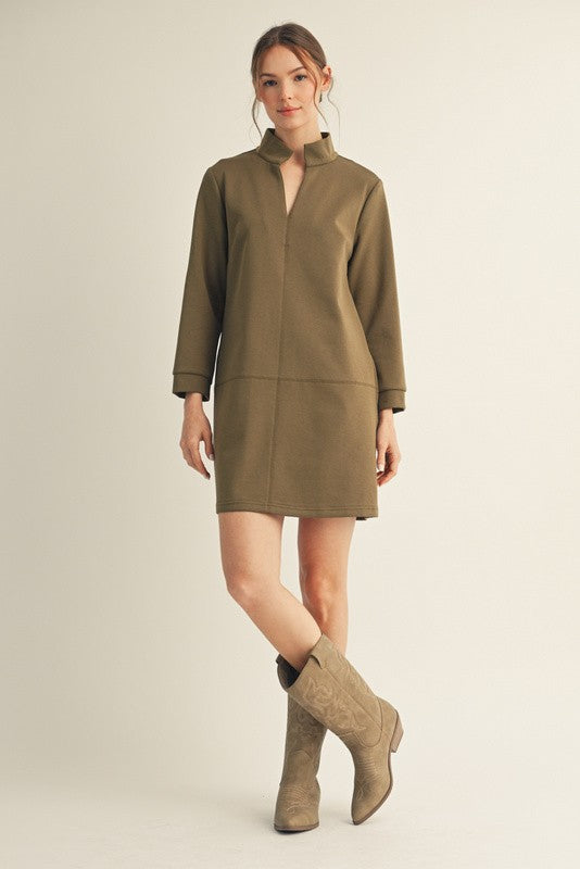 Stand-up Collared Shift Dress in Olive