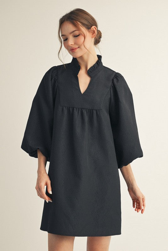 Solid Textured Balloon Sleeves Babydoll Dress in Black
