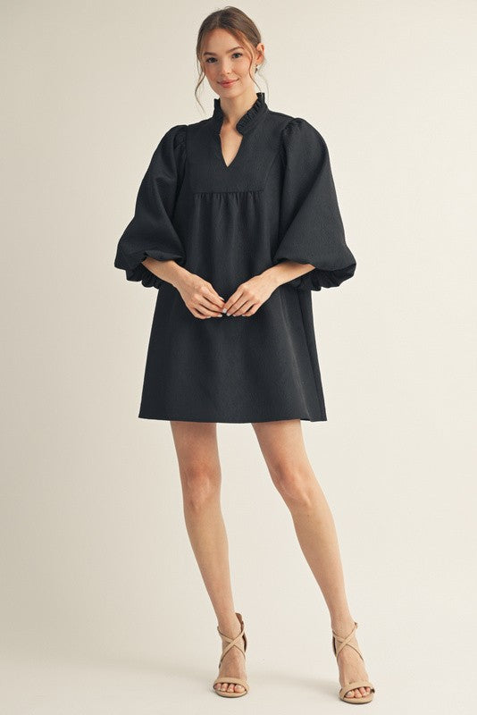 Solid Textured Balloon Sleeves Babydoll Dress in Black