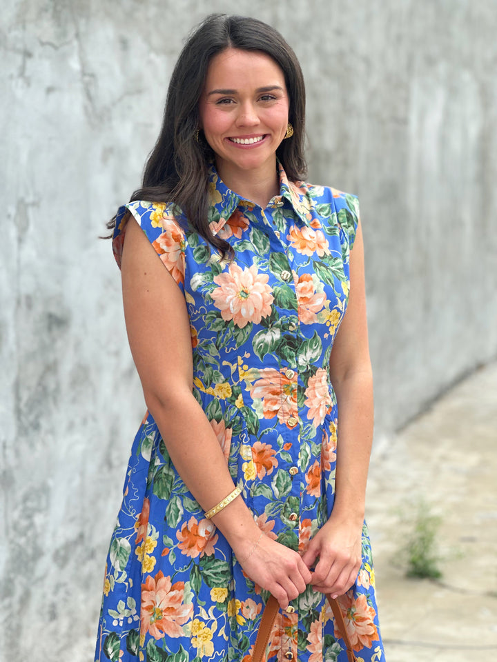 Floral Print Cap Sleeve Dress in Blue