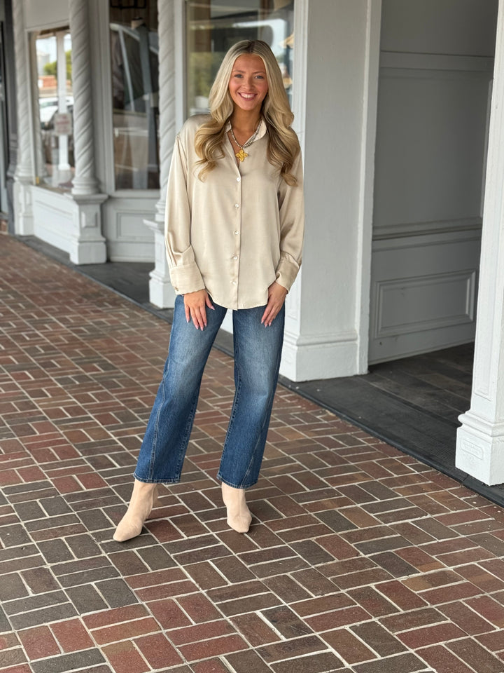 Oat Satin Button Down Top