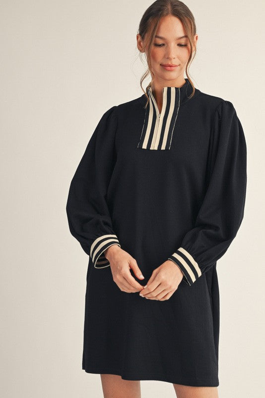 Stripe Contrast Detail Zip Up Casual Dress in Black