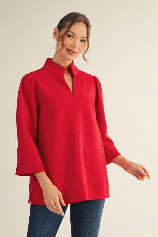 Standing Collared Puff Shoulder Solid Top in Red