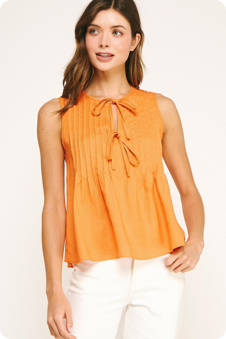 Orange Pintuck Sleeveless Top