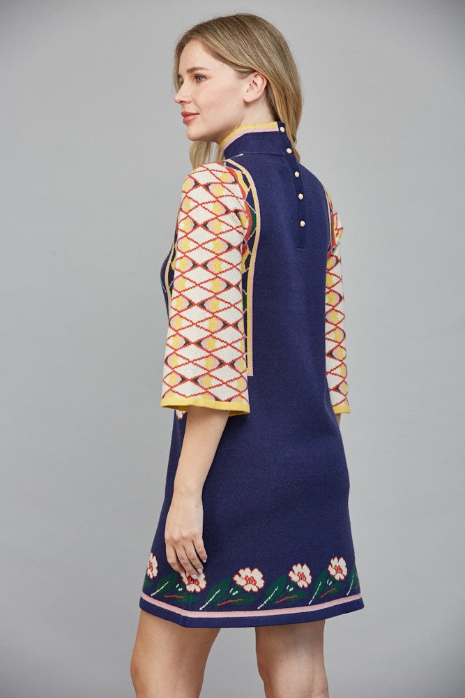 Floral And Geo Motif Jacquard Navy Dress