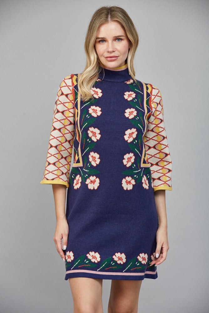 Floral And Geo Motif Jacquard Navy Dress