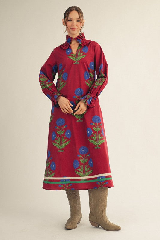 Ruffled High Neck Floral Midi Dress in Burgundy