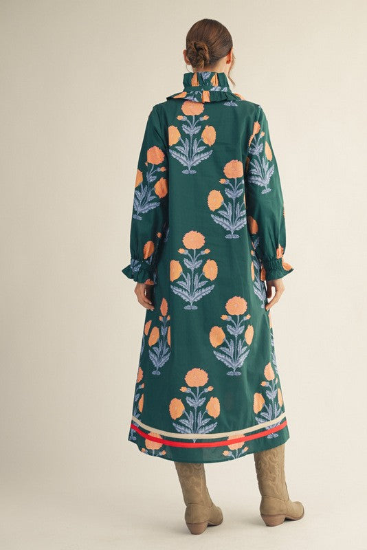 Ruffled High Neck Floral Midi Dress in Hunter Green