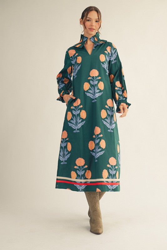 Ruffled High Neck Floral Midi Dress in Hunter Green