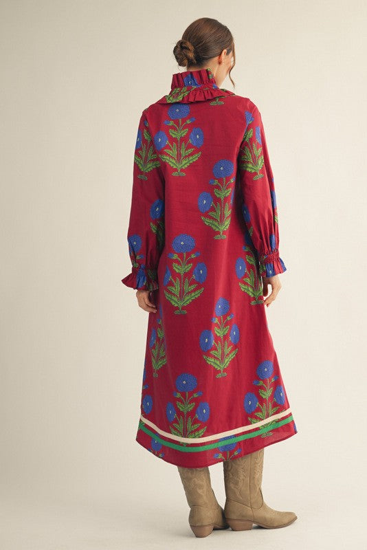 Ruffled High Neck Floral Midi Dress in Burgundy