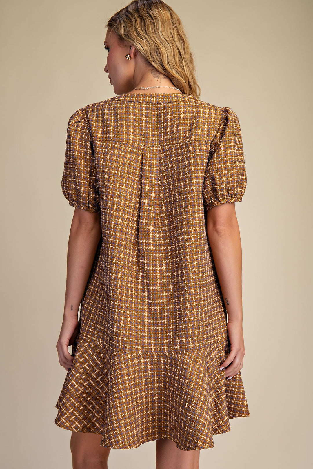 V-neck Puff Sleeve Mini Dress in Camel
