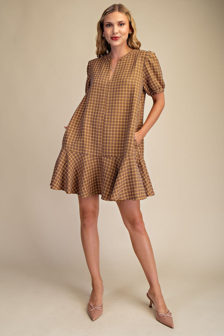 V-neck Puff Sleeve Mini Dress in Camel