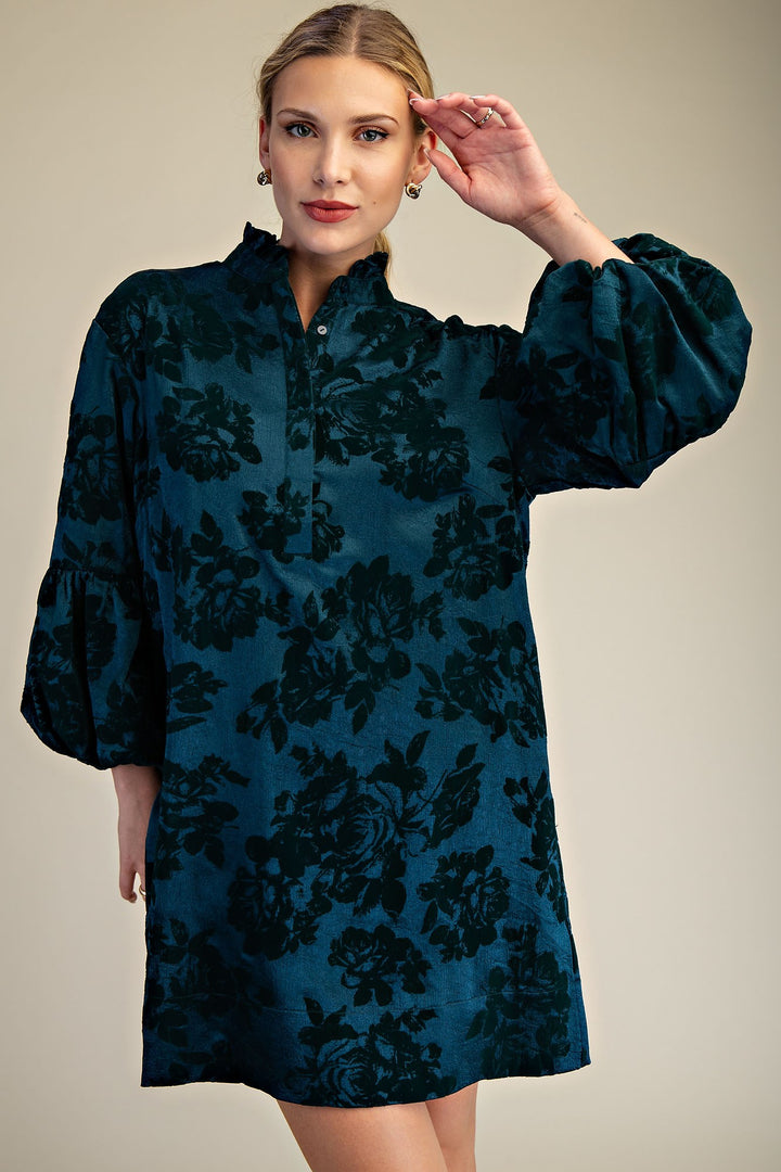 Ruffled Neck Bubble Sleeve Dress in Blue