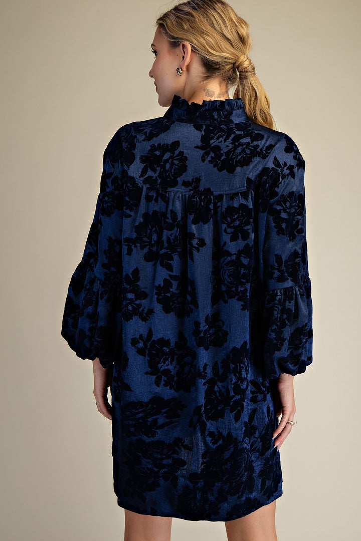 Ruffled Neck Bubble Sleeve Dress in Blue