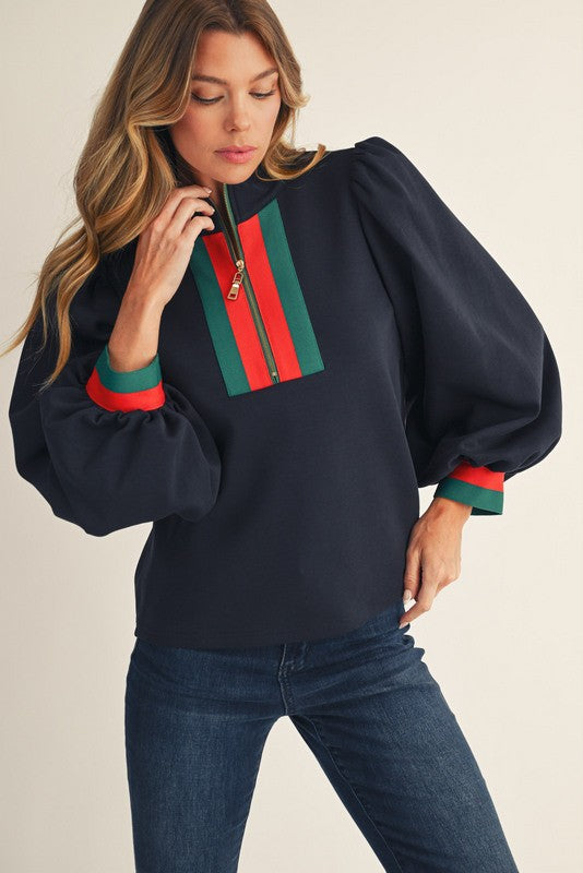 Color Rib Band Accent Front Zip Up Top in Navy