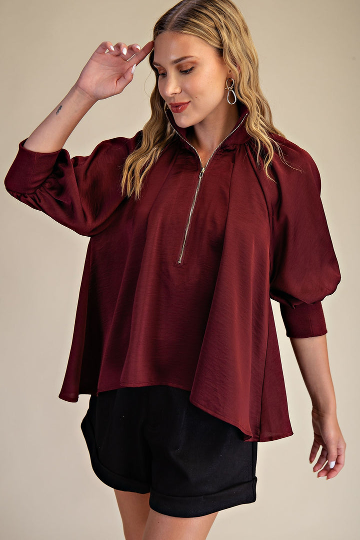 Mock Neck Band Puff Sleeve Blouse in Burgundy