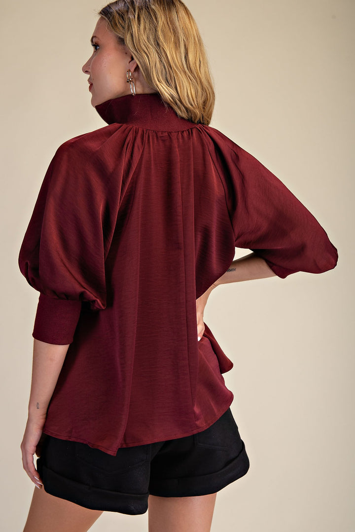 Mock Neck Band Puff Sleeve Blouse in Burgundy