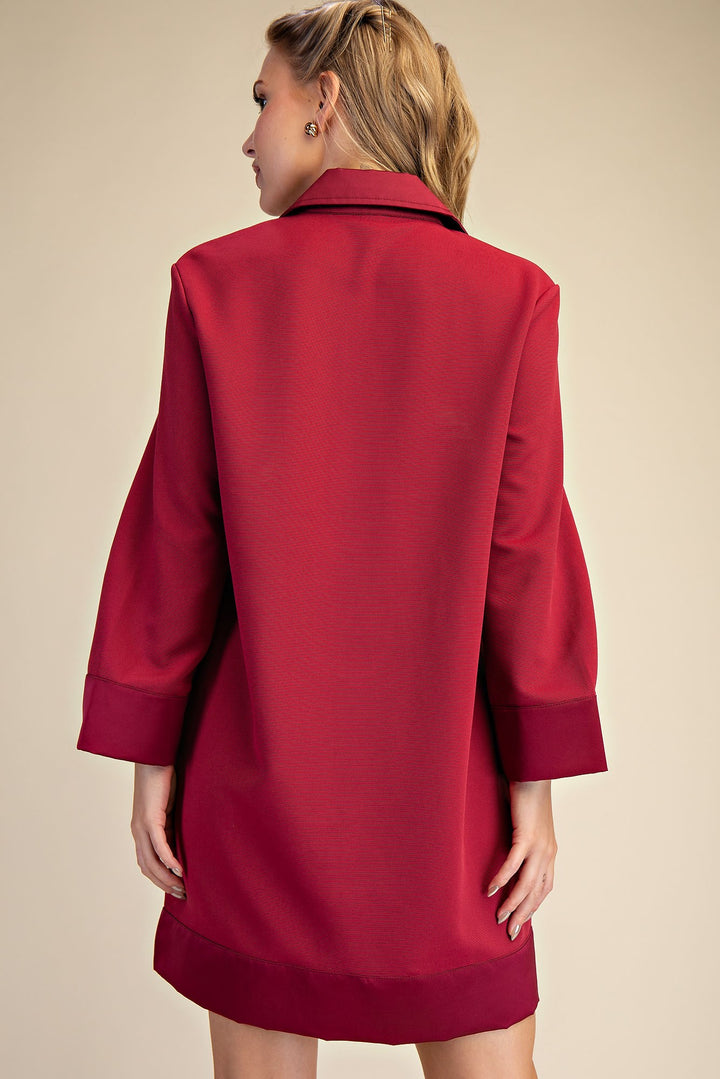 Collar Neck Long Sleeve Mini Dress in Burgundy