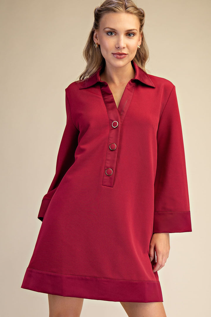 Collar Neck Long Sleeve Mini Dress in Burgundy
