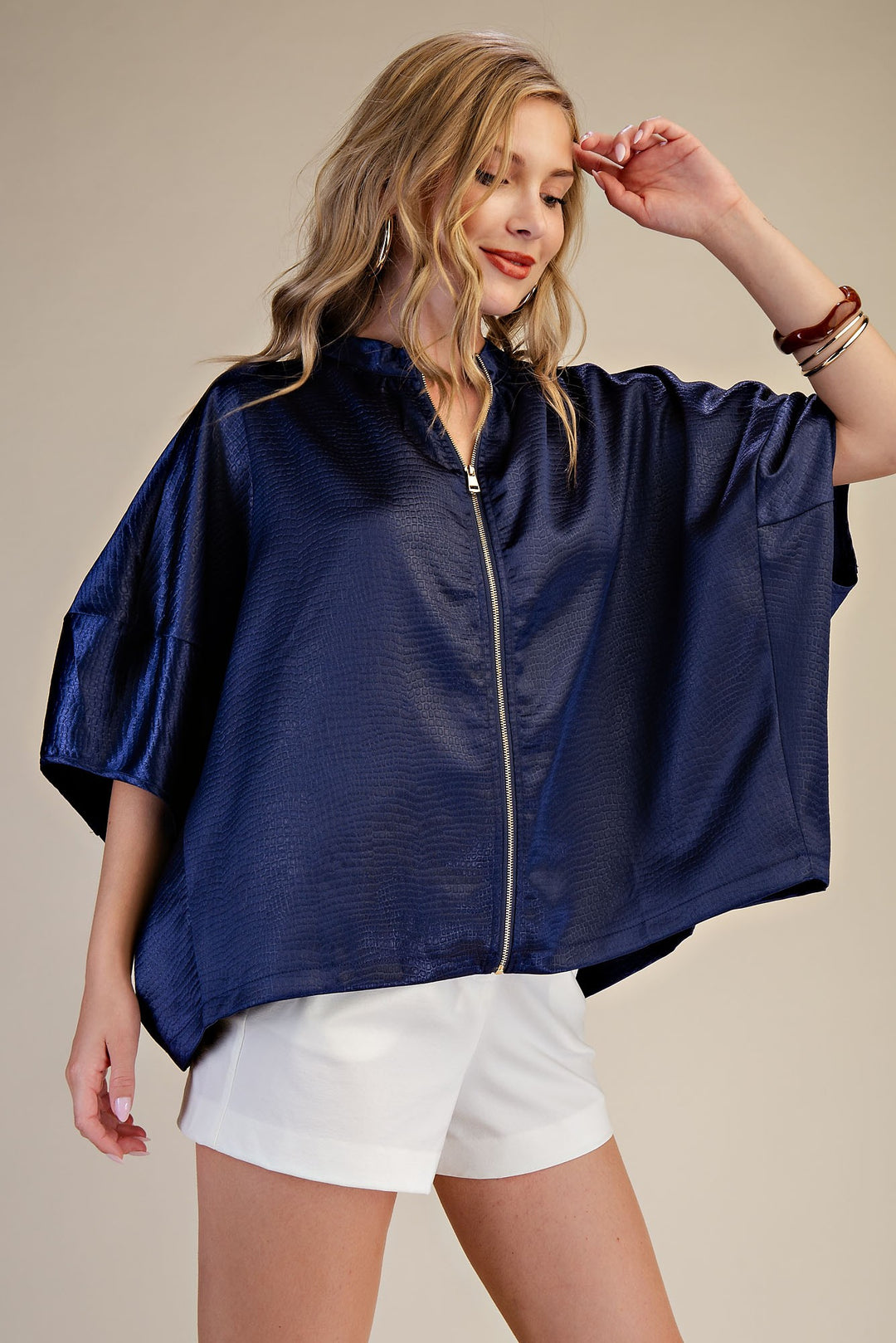 Front Zipper Sleeveless Oversized Top in Navy