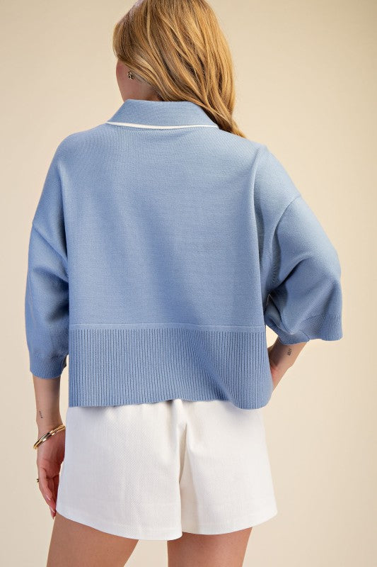 Blue Collared V-neck Sweater