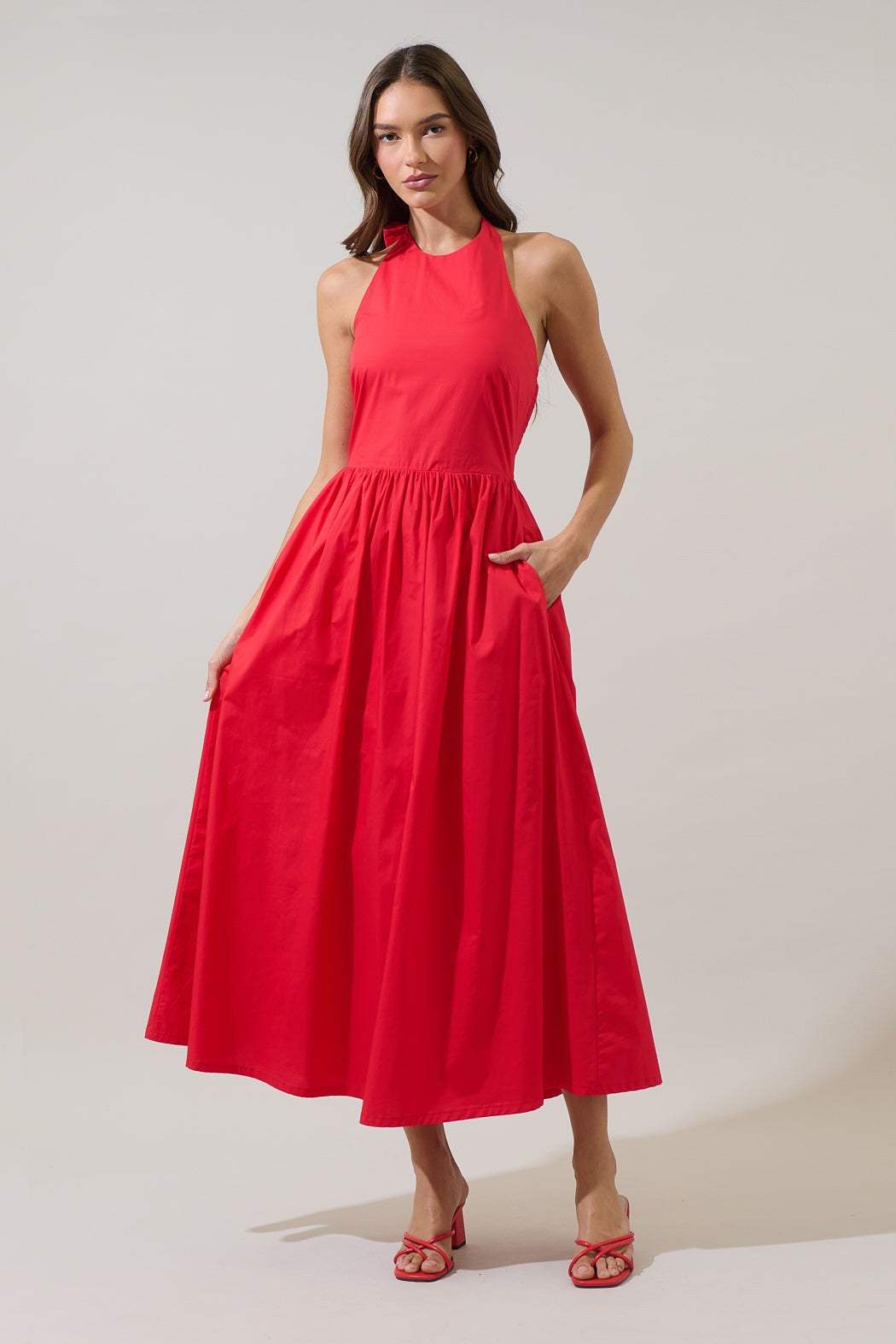 Daine Halter Neck Midi Dress in Red