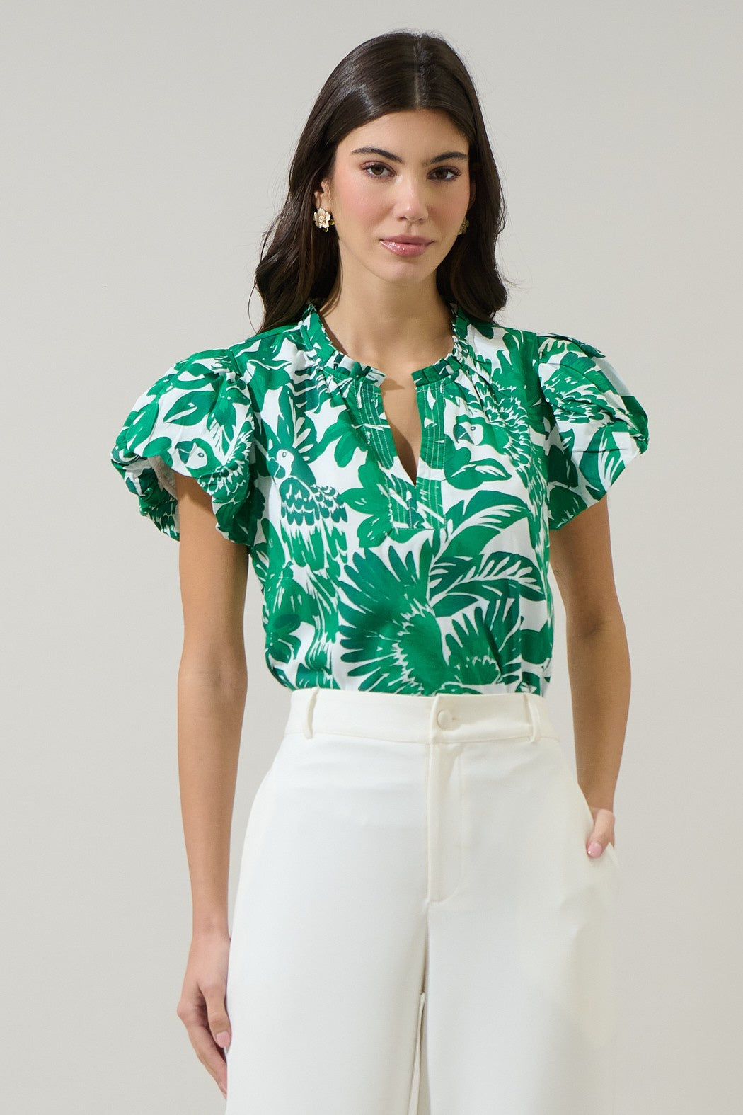 Masey Tropical Keni Split Neck Top in Green