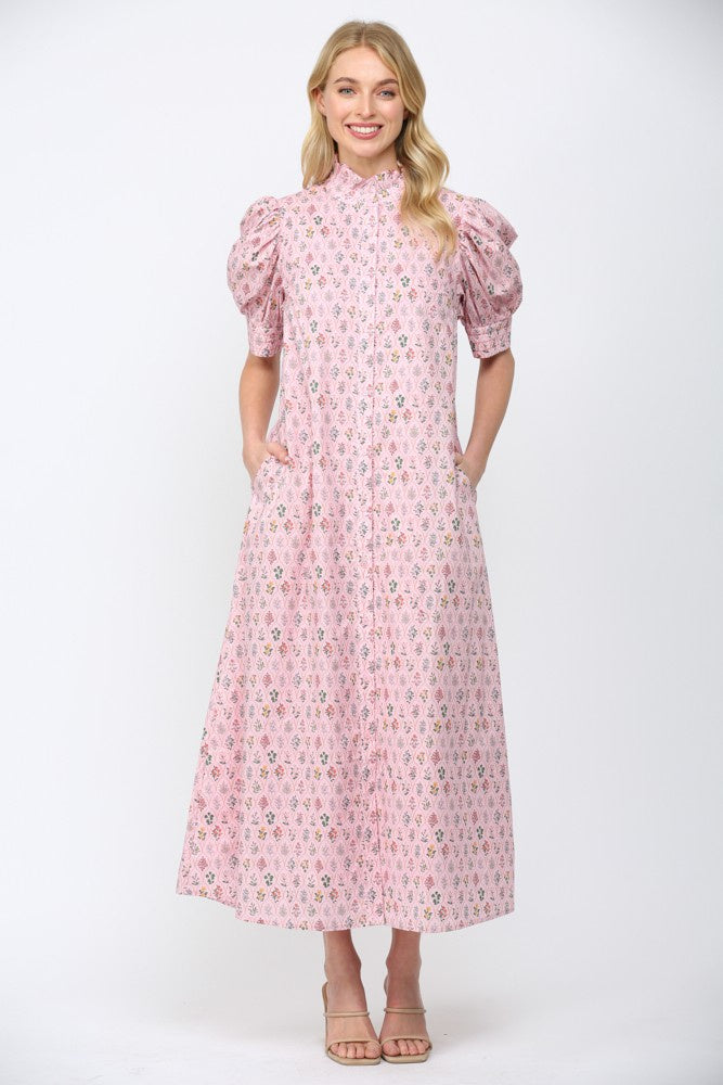 Pink Floral Ruffled Mock Neck Button Down Maxi Dress  Sugar & Spice