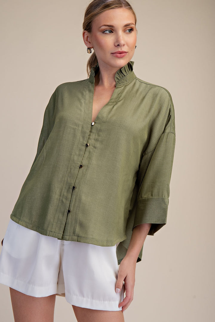 Ruffle V-neck Short Sleeve Top in Sage Green