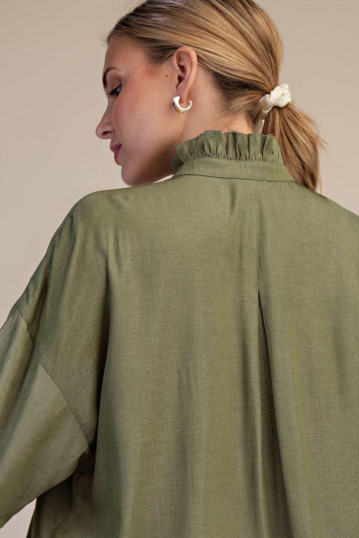 Ruffle V-neck Short Sleeve Top in Sage Green